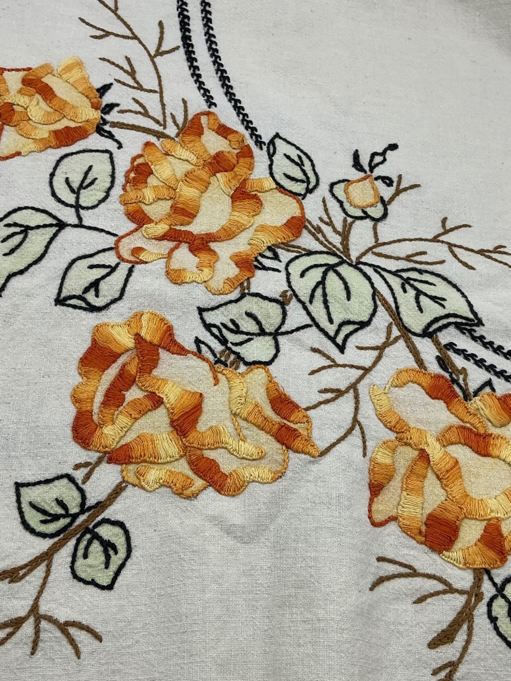 Vintage Hand Embroidered Floral Tablecloth